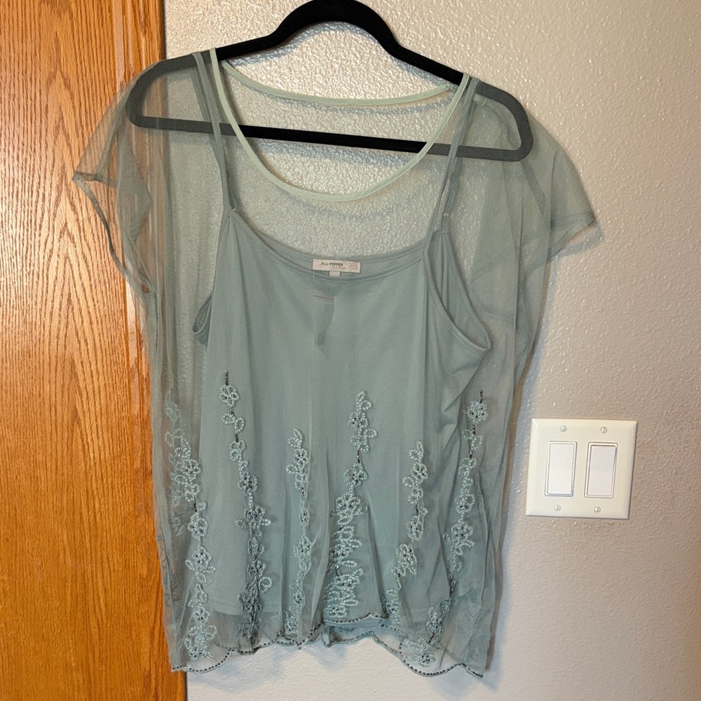 Blu Pepper Sage Green Sheer Embroidered Layered Camisole Top
